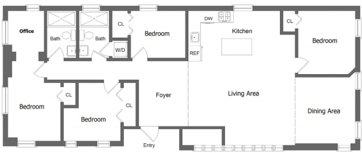 Floor plan for 5 beds, 2 baths, 1202 sqft